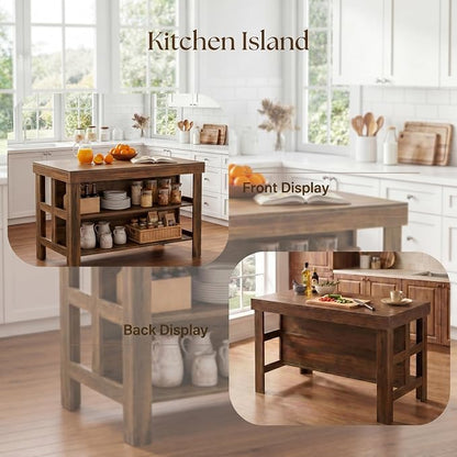 Tribesigns 55.1-Inch Kitchen Island with Seating and Storage, 3-Tier Large Farmhouse Island Table with Large Countertop and Leg Room for Kitchen Dining Room (deep Brown)