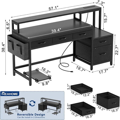 REAHOME 61 Inch Gaming Desk with Charging Station and LED Lights, Reversible Computer Desk with Storage Drawer and Monitor Stand, Modern Desk Table with File Cabinet & Side Pocket, Carbon Fiber Black