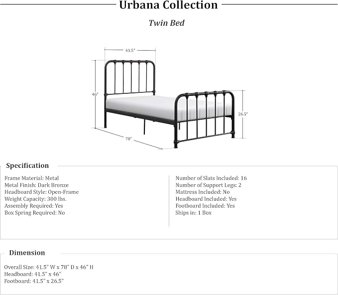 Lexicon Twin Metal Bed Frame, Platform Bed with Strong Metal Slat Support Under Bed Storage, Twin Bed Frame with Headboard, No Box Spring Needed, Easy Assembly, Twin, Dark Bronze