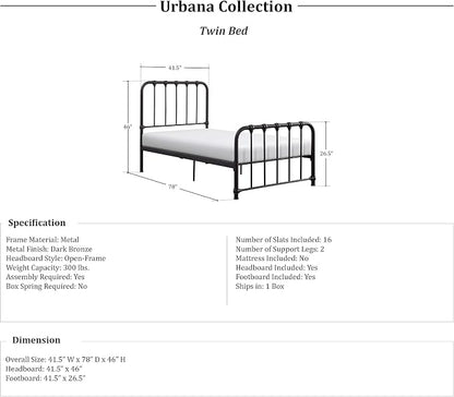 Lexicon Twin Metal Bed Frame, Platform Bed with Strong Metal Slat Support Under Bed Storage, Twin Bed Frame with Headboard, No Box Spring Needed, Easy Assembly, Twin, Dark Bronze