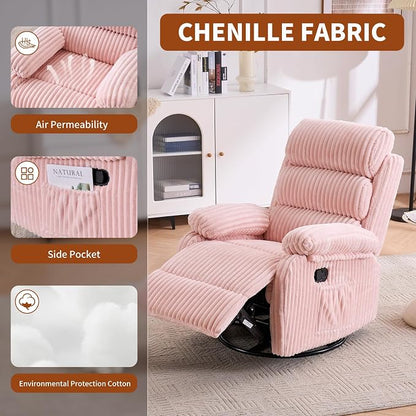 Snug-Cushioned Velvet 360° Swivel Recliner Chair - Gliding Rocking Chair Nursery Recliner, Generous Footrest, Padded Armrests & Side Pocket, Perfect for Nursery & Compact Spaces, Pink