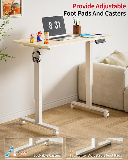 Okin Standing Desk Electric Adjustable Computer Whole Piece Stand up Desk with Wheels Office Gaming Home Office Memory Desks 48x24 inches Cream Brown
