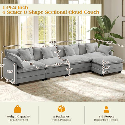 149.2" Modular Sectional Sofa,L Shaped Couch for Living Room,Modern Deep Seat Sofa 4 Seater Chenille Fabric Comfy Cloud Couches with Throw Pillows & Movable Ottoman