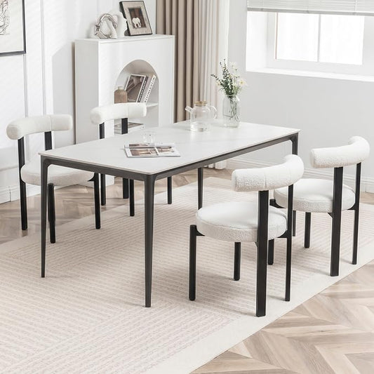 Boucle Dining Chairs Set of 4 Mid Century Modern Dining Chairs Round Cushion Dining Room Chairs with Curved Back and Black Metal Legs for Kitchen, Living Room, Bedroom (Beige)