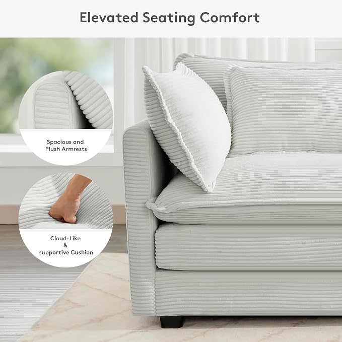 ROWHY 150'' Modular Sectional Corner Cloud Couch, 7 Seater Sofa Big Comfy Corduroy V Shaped Couch with 4 Throw Pillows, Movable Ottoman, Couches for Living Room Office Light Grey