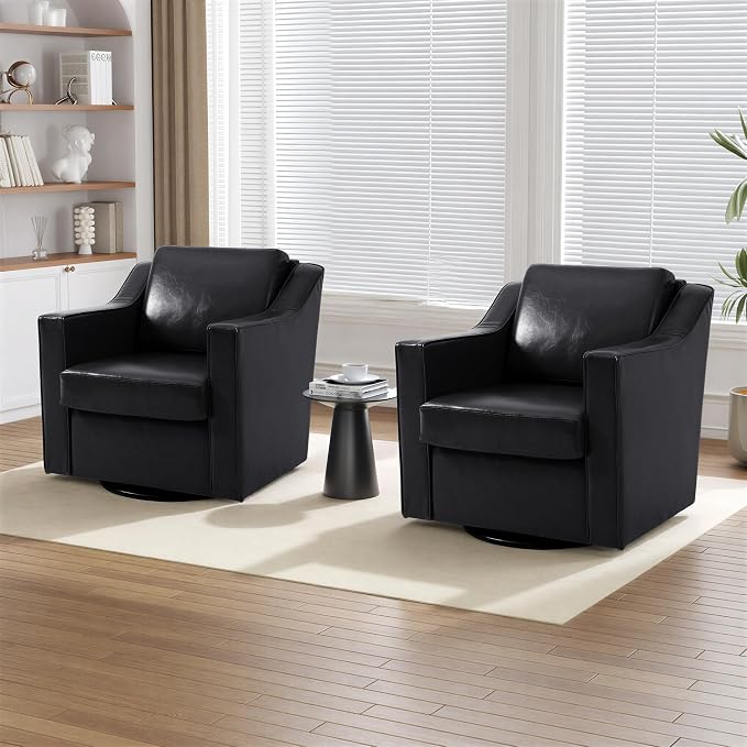 Faux Leather Swivel Accent Chairs Set of 2, 360° Swivel Upholstered Club Armchairs for Living Room, Comfy Single Sofa Reading Chair with Deep Seat, Metal Swivel Base, Black