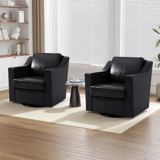 Faux Leather Swivel Accent Chairs Set of 2, 360° Swivel Upholstered Club Armchairs for Living Room, Comfy Single Sofa Reading Chair with Deep Seat, Metal Swivel Base, Black