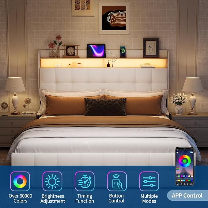 Garvee Queen Size Bed Frame with 2 Storage Drawers, Upholstered Bed Frame Queen with LED Light, Double-Layer Bedside Headboard with Charging Socket and USB Port, Soft Plush Fabric, White