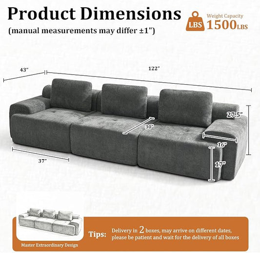 122" U Shaped Boneless Couch, Comfort Cloud Sectional Couches for Living Room, Modular Sofa High Back & Extra Deep Seat, No Assembly, Soft Chenille Fabric (Dark Grey, 122 inch-（3+0）)