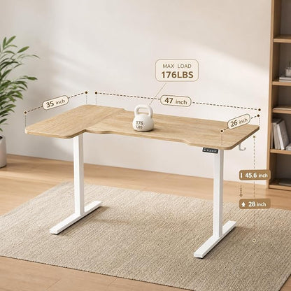 Grandder 47" L Shaped Standing Desk, Electric Height Adjustable Corner Stand Up Desk with Ergonomic Curved Round Corner for Small Apartment Home Office, Oak Desktop White Frame