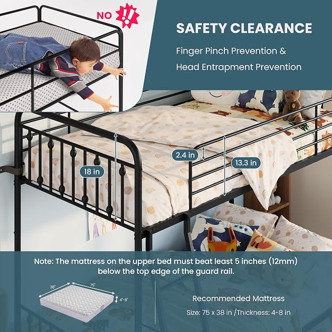 SHA CERLIN Convertible Twin Over Twin Bunk Bed,CPC Certified,Black | Victorian Iron-Art Headboard and Footboard,Space-Saving Metal Bunk Bed with Guardrail & Ladder,No Box Spring Needed