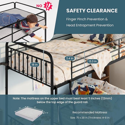 SHA CERLIN Convertible Twin Over Twin Bunk Bed,CPC Certified,Black | Victorian Iron-Art Headboard and Footboard,Space-Saving Metal Bunk Bed with Guardrail & Ladder,No Box Spring Needed