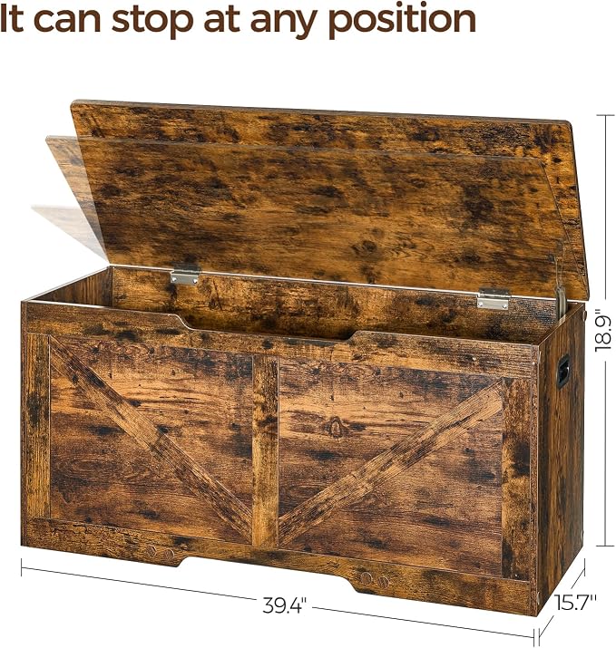 39.4"Storage Chest, Storage trunk with safety Hinges, Wooden Storage Bench, Shoe Bench,Easy Assembly,39.4"L x 15.7"W x 18.9"H,storage bench for bedroom end of bed,for Entryway (Rustic Brown)