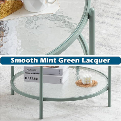 VINGLI 25.6" Small Light Bright Green Round Coffee Table Water-Wave Glass Circle Clear Center Coffee Table with 2-Tier Modern Storage Design for Living Room, Bedroom, Meeting Room, Balcony, Patio