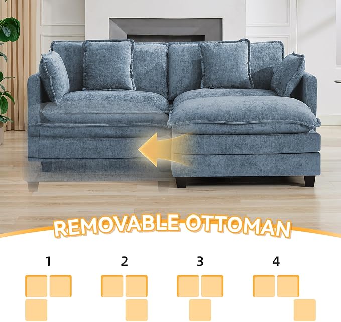 76'' Cloud Deep Seat Loveseat Sofa, Upholstered Chenille Modular 2-Seats Sectional Sofa Couch with Movable Ottoman, Modern Comfy Settee Loveseat for Living Room Set, Small Apartment, Blue