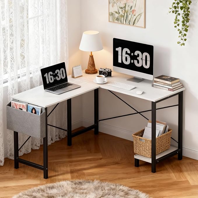 OLIXIS L Shaped Desk, 50-Inch Office Computer Gaming Desks Corner PC Table with Side Bag and Reversible Shelf for Home Work Study Writing White