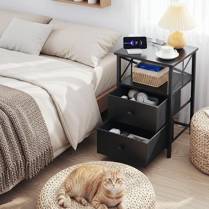 AMHANCIBLE Night Stand Set 2, Nightstand with Charging Station, Small Bedside Table with 2 Fabric Drawers, End Tables Living Room with USB C Ports for Bedroom, Black, HET05XBK