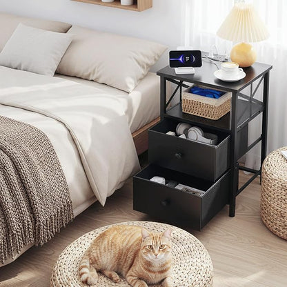 AMHANCIBLE Night Stand Set 2, Nightstand with Charging Station, Small Bedside Table with 2 Fabric Drawers, End Tables Living Room with USB C Ports for Bedroom, Black, HET05XBK