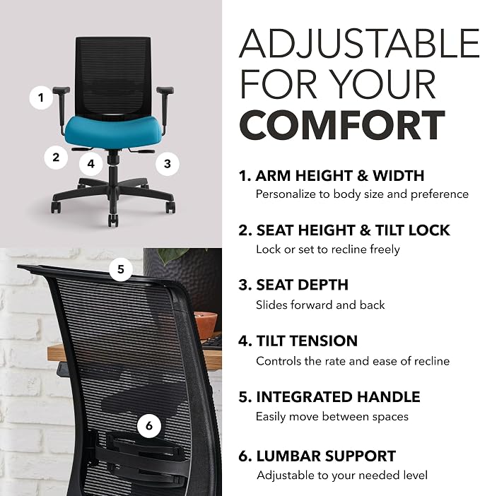 HON Convergence Ergonomic Office Chair with Mesh Back, Adjustable Arms, Lumbar Support, Synchro‑Tilt Desk Chair with Wheels for Home Office or Computer Use, Black Frame, Peacock