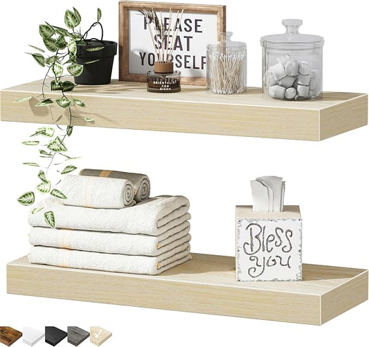QEEIG Bathroom Floating Shelves for Wall - 15.7" Wall Mounted Shelf Over Toilet Farmhouse Home Decor Display Bookshelf Small 15.7 x 6.7 inch Set of 2, Natural (008-40N)