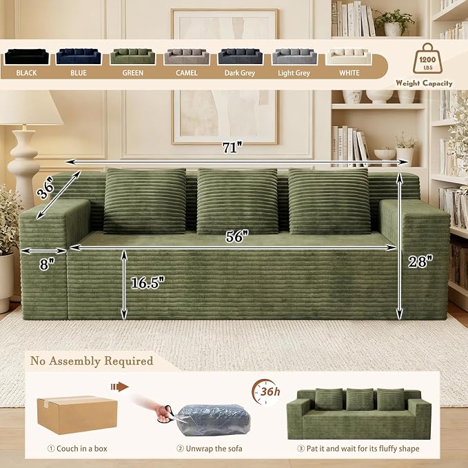 Kurhwyss 71" Corduroy Living Room Sofa, 3 Setaser Deep Seat Couch with 3 Lumbar Pillows, Comfy Boneless Sofa Modern Compressed Couch for Bedroom, Office, Apartment, No Assembly, Flat Armrests (Green)