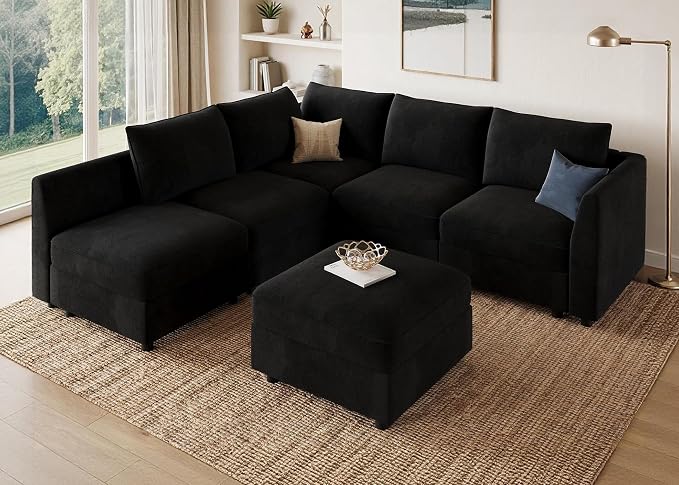 HONBAY Modular Sectional Couch L Shaped Sectional Sofa with Storage Velvet Convertible Sectional Couches for Living Room,Black