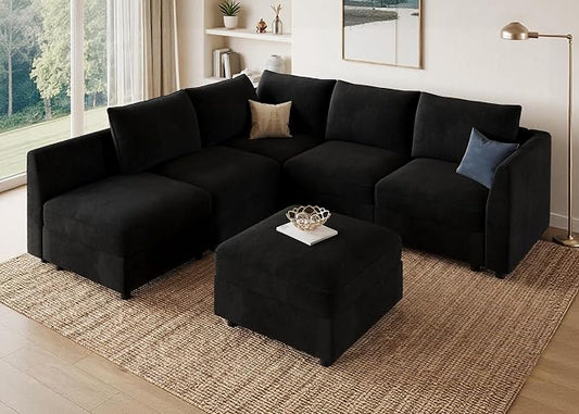 HONBAY Modular Sectional Couch L Shaped Sectional Sofa with Storage Velvet Convertible Sectional Couches for Living Room,Black
