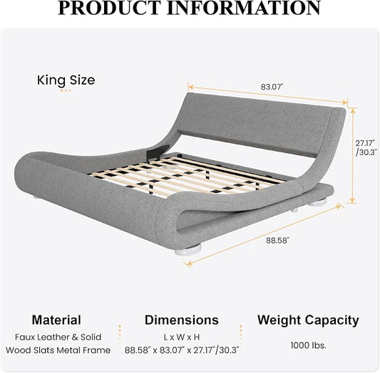 SHA CERLIN King Size Upholstered Bed Frame, Deluxe Low Profile Sleigh Bed with Linen Ergonomics Headboard, No Box Spring Needed & Easy Assembly, Grey
