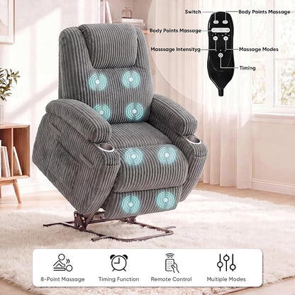 Flamaker Power Lift Chair Massage Recliner Chairs for Elderly, Corduroy Ergonomic Design with Cup Holders & Side Pockets, Remote Control (Dark Gray)