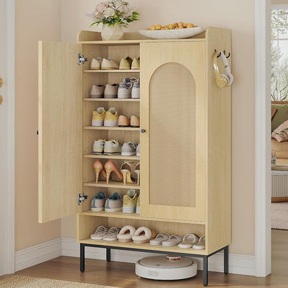 Hzuaneri Shoe Cabinet with Doors, 7-Tier Shoe Storage Cabinet with Adjustable Shelves, Wooden Shoes Organizer Cabinets with Top Storage Layer, 28-32 Pairs, for Entryway, Hallway, Rattan SR68702Y
