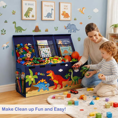Unicorn Castle Toy Box with Adjustable Divider Toy Chest Storage Large Toy Storage Organizer Bin Collapsible with Lid Pockets for Nursery Playroom,Dark Blue Dinosaur