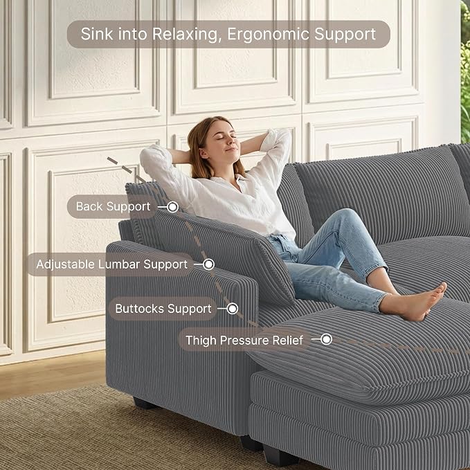 Gizoon 110'' Oversized L Shaped Couch for Living Room, Cloud Couches with Washable Corduroy Cover, Modern 4-Seater Comfy Deep-Seat Sofa with Movable Ottoman and 2 Throw Pillows for Apartment, Gray