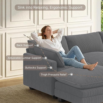 Gizoon 110'' Oversized L Shaped Couch for Living Room, Cloud Couches with Washable Corduroy Cover, Modern 4-Seater Comfy Deep-Seat Sofa with Movable Ottoman and 2 Throw Pillows for Apartment, Gray