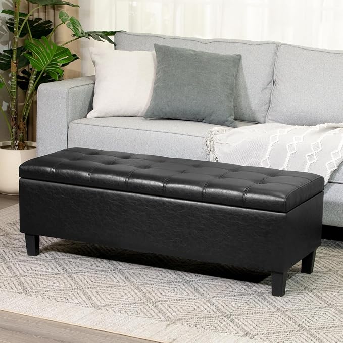 Asense 45" Storage Ottoman Bench,Faux Leather Upholstered Ottoman with Legs,Tufted Ottoman with Safety Hinge,Storage Bench for Bedroom,Living Room,Entryway,Black