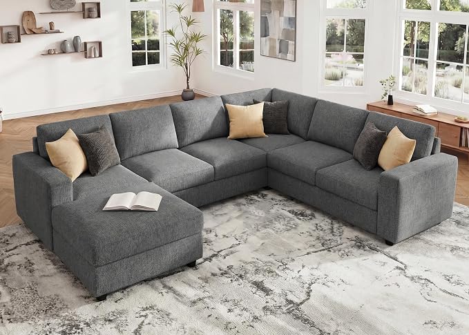 HONBAY Sectional Sofa with Storage, U Shape Sofa with Chaise, 7 Seater Sectional Couch for Living Room, Light Grey