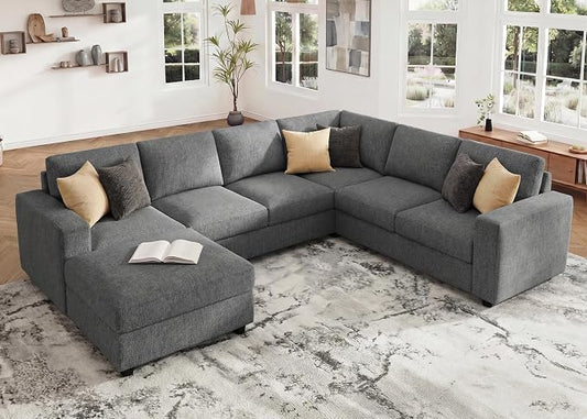 HONBAY Sectional Sofa with Storage, U Shape Sofa with Chaise, 7 Seater Sectional Couch for Living Room, Light Grey