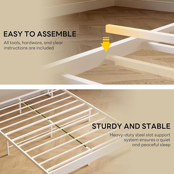 LIKIMIO Queen Bed Frames, PU Leather Storage Headboard with Charging Station, Solid and Stable, Noise Free, No Box Spring Needed, Easy Assembly, White