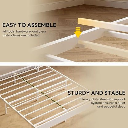 LIKIMIO Queen Bed Frames, PU Leather Storage Headboard with Charging Station, Solid and Stable, Noise Free, No Box Spring Needed, Easy Assembly, White