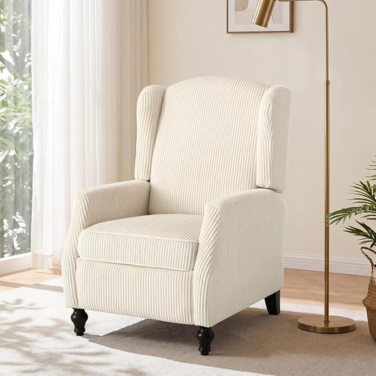 Wingback Recliner Chair, Tufted Corduroy Push Back Arm Chair for Living Room Vintage Recliner Chair with, Padded Cushion, Backrest, Wooden Legs (White)