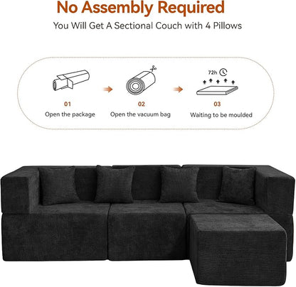 MONVANE 103'' Modular Sectional Sofa, Comfy Chenille Cloud Couch with Ottoman, Modern Convertible L Shaped Couch with Deep Seat, Sectional Couches for Living Room, Bedroom and Apartment, Black