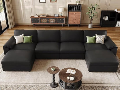 EASE MOOSE Oversized Modular Sectional Sofa,Leather Sectional Couch with Deep Seat, Classic Extra Large U Shaped Couch,Faux Leather Material Sofa Comfy Scratch Resistant for Living Room,Black