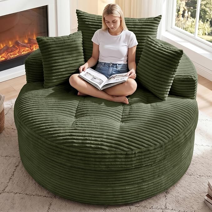 Oversized Round Chaise Lounge Chair, Deep Seat Cloud Boneless Floor Sofa Couch, Upholstered Corduroy Sleeper with 3 Pillows & Optional Ottoman, No Assembly Modern Lazy Floor Lounger for Living Room