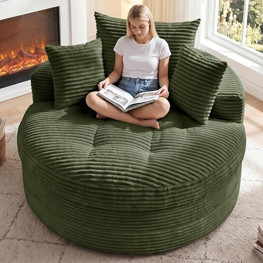 Oversized Round Chaise Lounge Chair, Deep Seat Cloud Boneless Floor Sofa Couch, Upholstered Corduroy Sleeper with 3 Pillows & Optional Ottoman, No Assembly Modern Lazy Floor Lounger for Living Room
