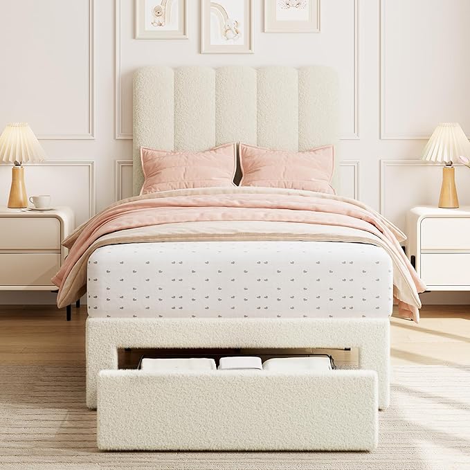 IDEALHOUSE Twin Bed Frame with Storage Drawer and Headboard, Boucle Upholstered Twin Platform Bed Frame for Girls, Strong Wooden Slats Support, Noise-Free, Easy Assembly (Boucle Beige)