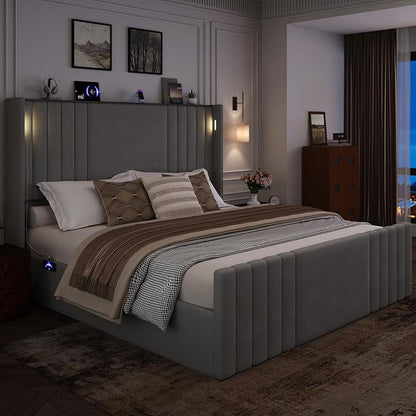 Queen Bed Frame with 55.1" Tall Headboard, Velvet Upholstered Platform Bed with Channel Tufted Wingback, 2 Reading Lights/Storage Shelf/Charging Station/Easy Assembly/Noise-Free, Grey
