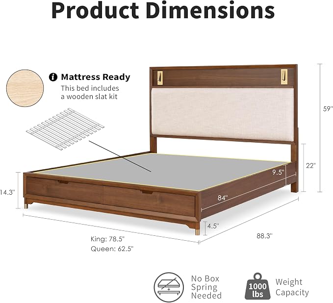 Furniture of America Forma Modern Solid Wood 4-Piece Bedroom Set with Storage Bed with LED Lights, Ball-Bearing Glide on Nightstand and Dresser with Mirror, No Box Spring Needed, King, Walnut