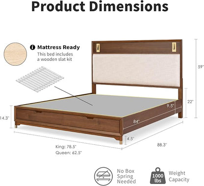 Furniture of America Forma Modern Solid Wood 4-Piece Bedroom Set with Storage Bed with LED Lights, Ball-Bearing Glide on Nightstand and Dresser with Mirror, No Box Spring Needed, King, Walnut