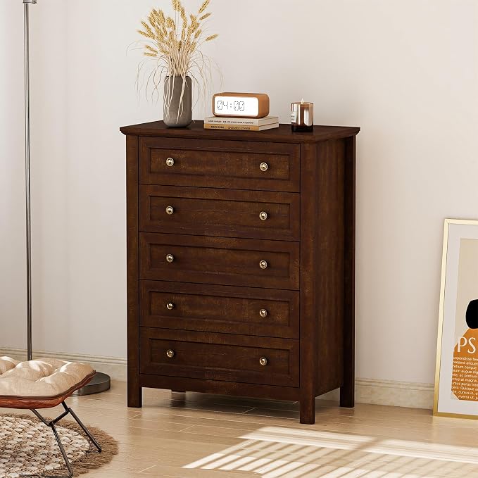 Farmhouse Dresser Nightstand Sets, 3-Piece Bedroom Furniture Set for Home | 5 Drawer Dresser Closet & 3 Drawer Nightstand Set of 2, Chest of Drawers for Bedroom, Living Room, Entryway, Dark Brown