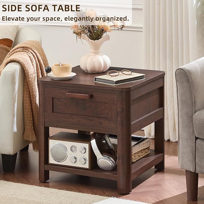 Joaxswe Farmhouse Night Stand with Charging Station, Wood Bed Side Table with Drawer & Open Storage Shelf for Bedroom, Walnut