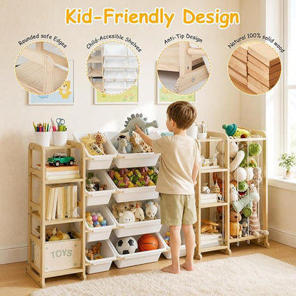 Toy Storage Organizer 4-in-1 Stuffed Animal Storage with 2 Bookshelf and 12 Plastic Bins - Toys Organizer for Kids Room - Wooden Toy Rack for Playroom, Bedroom, Nursery Decor